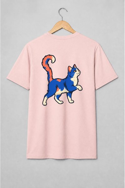Generic Brand Tricou unisex cu Pisică albastră stilizată cu accente portocalii