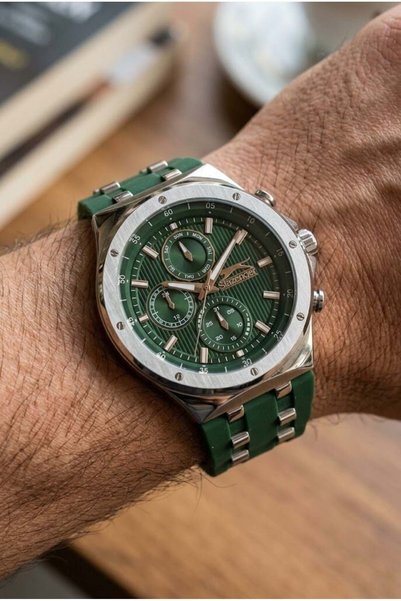 Slazenger Green Men's Wristwatch |   45mm Stainless Steel Case, Silicone Cord