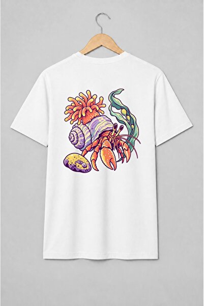 Generic Brand Tricou unisex cu Crab pustnic cu scoică ilustrație marină
