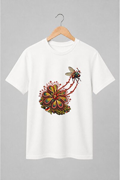 Generic Brand Tricou unisex cu Plantă carnivoră cu muscă în stil gravură bota...