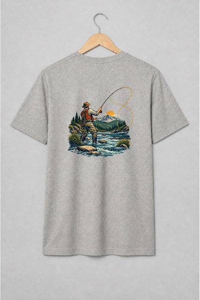 Generic Brand Tricou unisex cu Pescar la muscă în râu montan stil vintage