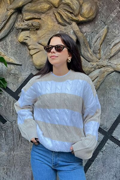 sunfyre Oversize Striped Crew Neck Hair Braided Knitwear Sweater Sun526