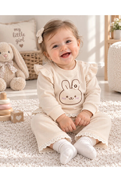 hümabebe Rabbit Detail Shoulder Snap Fastener Shawl Winter 2-Piece Baby Set