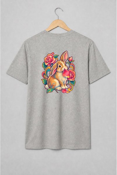 Generic Brand Tricou unisex cu Iepuraș cu trandafiri în stil vintage