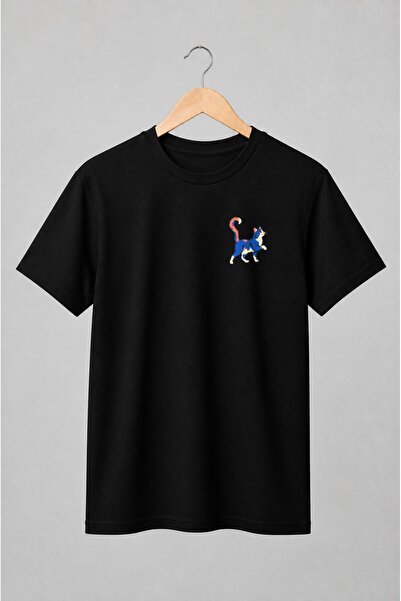 Generic Brand Tricou unisex cu Pisică albastră cu accente portocalii stil car...