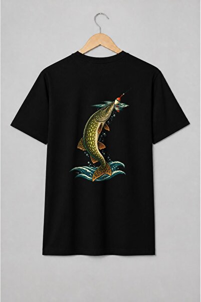 Generic Brand Tricou unisex cu Știucă la undiță ilustrație vintage