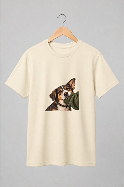Generic Brand Tricou unisex cu Portret realist de câine tricolor cu fular