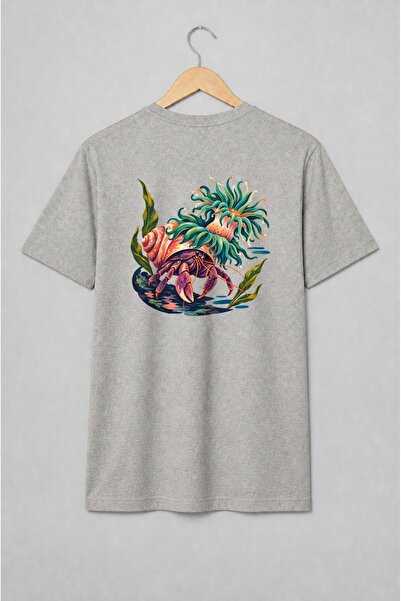 Generic Brand Tricou unisex cu Crab pustnic cu anemone marine stil ilustrat