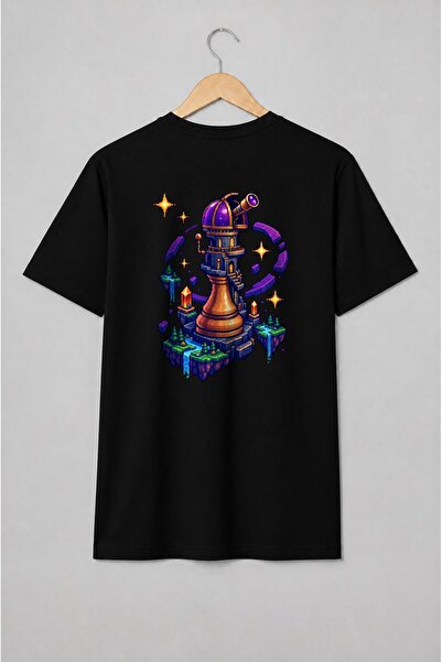 Generic Brand Tricou unisex cu Turn cu telescop și insule plutitoare pixel art