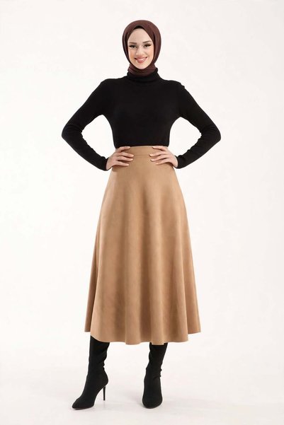 MAİMODA Women Suede 90 cm Long Hijab Flared Skirt