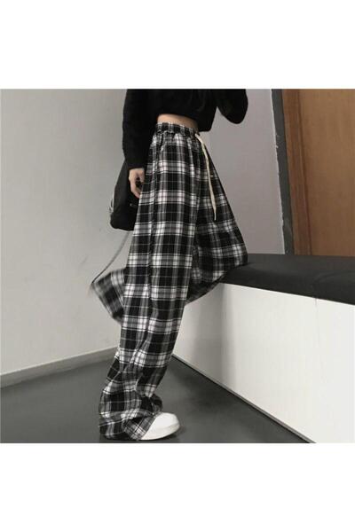 Köstebek Loose Fit Elastic Waist Striped Checkered Black Plaid Model Sweatpants