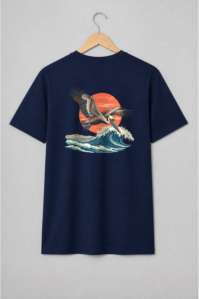 Generic Brand Tricou unisex cu Pelicani în zbor pe valuri stil vintage