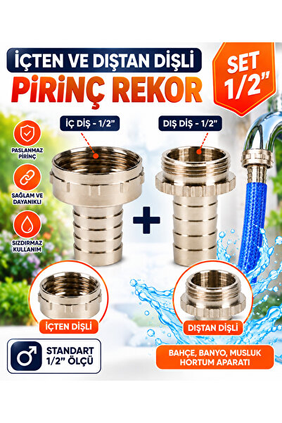 CinaMax Pirinç Rekor 1/2 Set İç Dişli Dış Dişli Batarya Uyumlu Hortum Bağlant...
