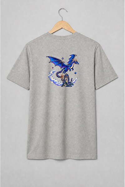 Generic Brand Tricou unisex cu Dragon albastru și castel medieval pixel art