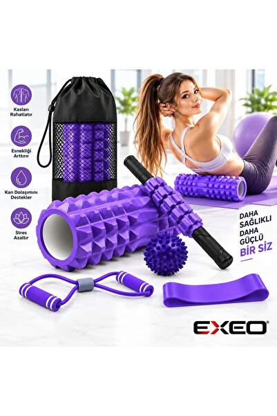 exeo Foam Roller 5’li Masaj Egzersiz Seti Rulo Top Direnç Bandı Pilates Yoga Fitness