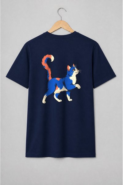 Generic Brand Tricou unisex cu Pisică albastră stilizată cu accente portocalii