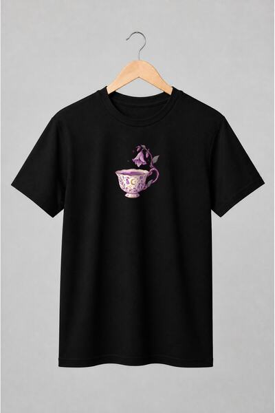 Generic Brand Tricou unisex cu Ceașcă cu flori și lună fantasy