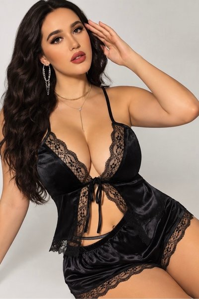 Lily Bianca Nightwear قميص نوم نسائي أسود مكشوف الصدر مع شورت