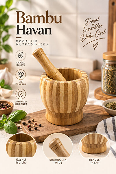 Doğal Bambu Havan Büyük Boy Ahşap Sarımsak ve Baharat Ezici Tokmaklı Havan