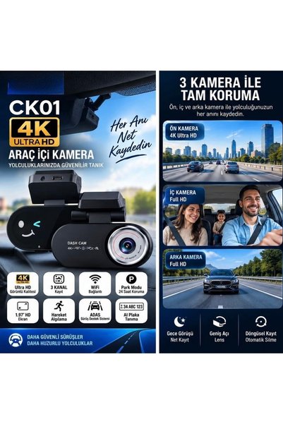 VEROXA 4K Ultra Hd Wifi Araç Kamerası Dash Cam 3 Kameralı Adas Gece Görüş Park Modu