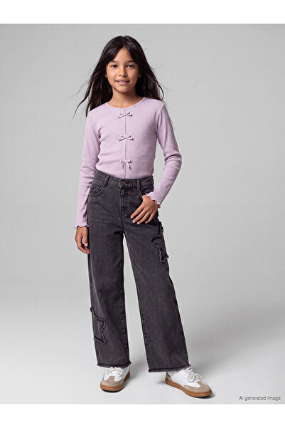 LC Waikiki Lcw Kids Black Wideleg Embroidered Girls' Jean Pants with Nevavm D...