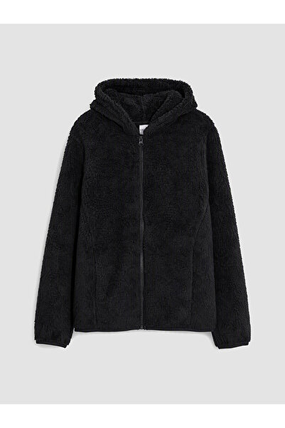LC Waikiki Lcw Kids Black Hooded Girls' Plush Zippered Sweatshirt with Nevavm...