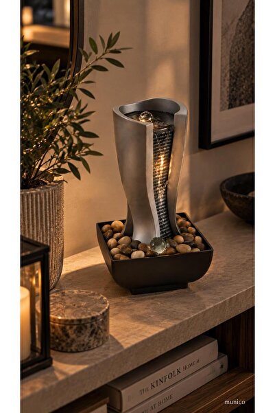 Munico Dekoratif Su Şelalesi Masa Üstü LED Aydınlatmalı Taşlı Modern Ev Salon...