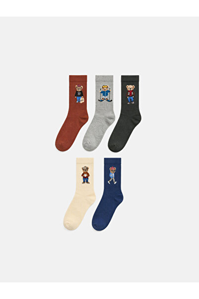 LC Waikiki Rmz Gi̇yi̇m Farkiyla Cute Teddy Bear Embroidered Men's Socks 5-Pack