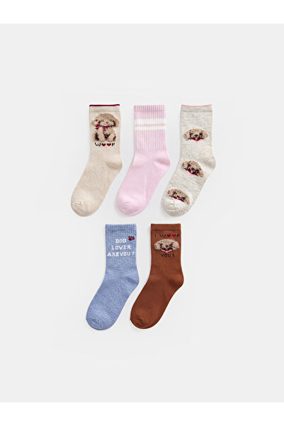LC Waikiki Rmz Gi̇yi̇m Farkiyla Embroidered Girls' Socks 5-Piece Set