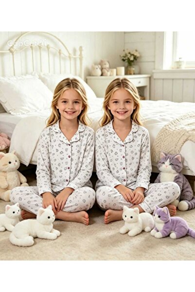 NiCe İç Giyim Girl's White Color Cute Cat Pattern Shirt Collar Buttoned Cotto...