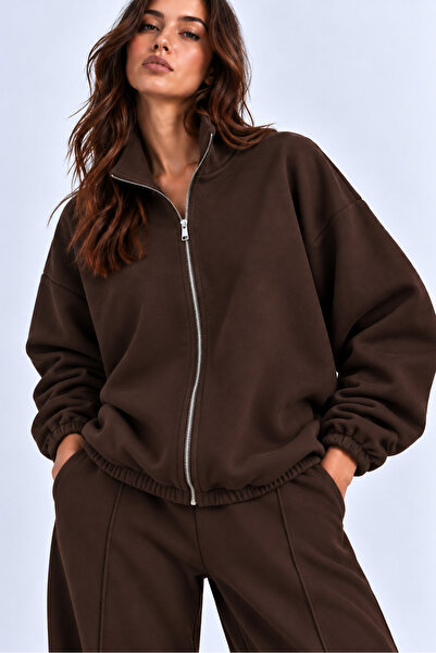 Sun Victoria Brown 3-Thread Ribbed High Collar Oversize Sweatshirt with Iron Zipper