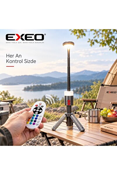 exeo Şarjlı Kamp Feneri Teleskopik Lamba RGB LED Işık Kumandalı 10000 mAh Powerbank Özellikli