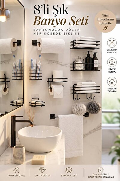 KARTEYA 8-Piece Black Bathroom Set - Adhesive Organizer Shelf, Soap Dish & To...