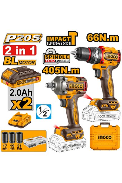 Ingco Set Scule Electrice, Bormasina cu Impact 20V 66Nm si Filetanta Impact 1...