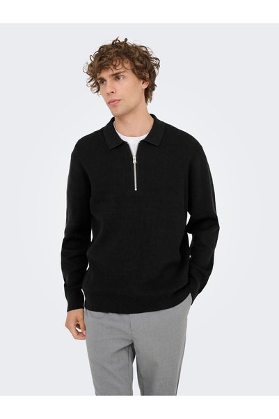 Only & Sons ONSPHIL REG 12 HALF ZIP POLO KNIT Black