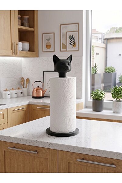 Dumledo Kedi Figürlü Siyah Ayarlanabilir Kağıt Havlu Tutucu & Peçetelik – Dek...