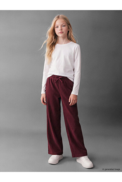 LC Waikiki Two Mt Shop Quality Lcw Kids Burgundy Wide Leg Girls' Velvet Trousers