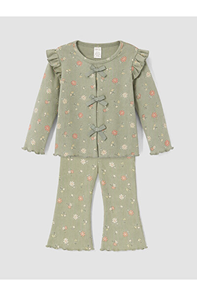 LC Waikiki Nevavm Farkıyla Lcw Baby Khaki Floral Patterned Baby Girl Set
