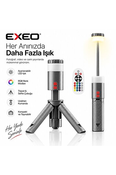 exeo Şarjlı Kamp Feneri Teleskopik Lamba RGB LED Işık Kumandalı 10000 mAh Powerbank Özellikli