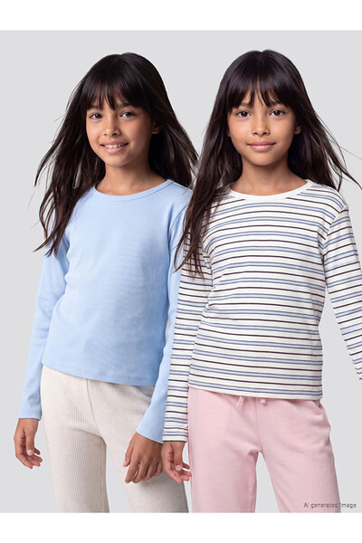 LC Waikiki Rmz Gi̇yi̇m Farkiyla Zero Roba Collar Girls' T-Shirt 2-Pack