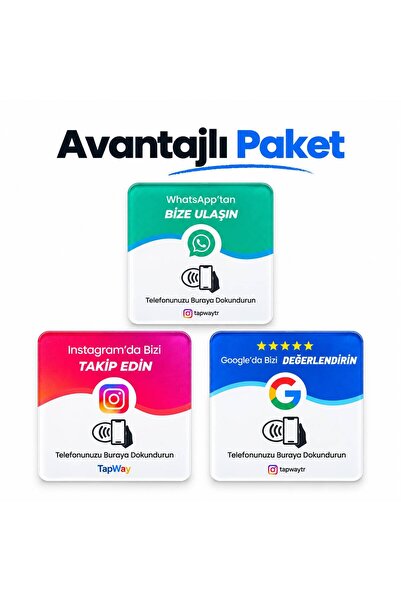 3’lü NFC KART Avantajlı Paket – 1 Instagram Takip + 1 Google Değerlendirme Kartı + 1 WP kartı 9x9 cm Şeffaf Pleksi