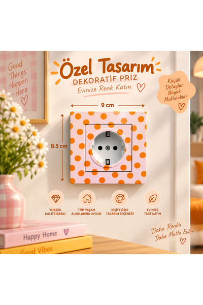 Vass Bros Açelya’s Tasarım Pembe Turuncu Puantiyeli Dekoratif Topraklı Priz