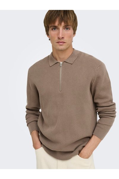 Only & Sons ONSPHIL REG 12 HALF ZIP POLO KNIT Desert Taupe