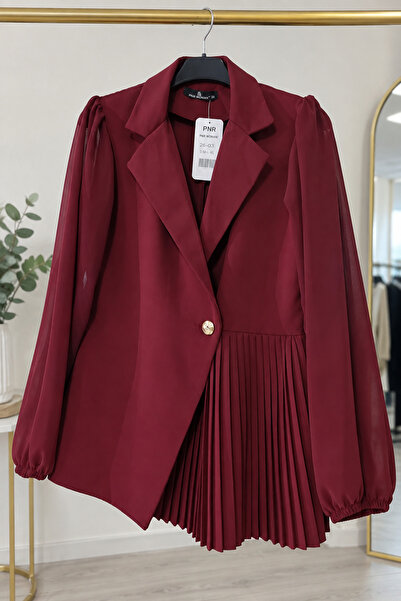 FioraModa Tek Düğmeli Pileli Blazer Ceket Bordo