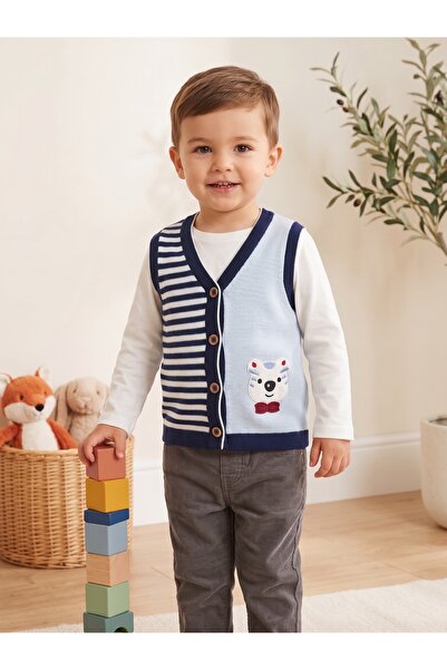 Deniva Kids Unisex Bebek & Çocuk Çizgili Ayıcık Nakışlı Düğmeli Triko Yelek S...