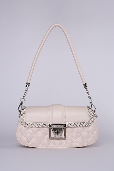 Levidor Cream Stone Embroidered Quilted Bag with Chain Detail