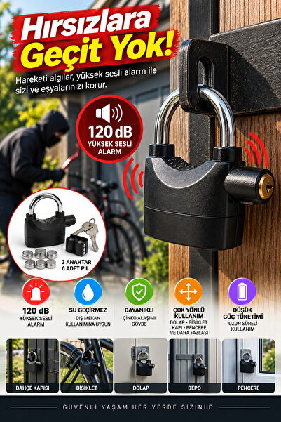 OpenCity 110 dB Alarmlı Asma Kilit Siyah Suya Dayanıklı Bisiklet Kapı Dolap G...