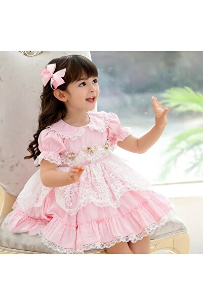 JC Luxury Spanish Classic Pink Color Lace Mini Flower Girl Dress