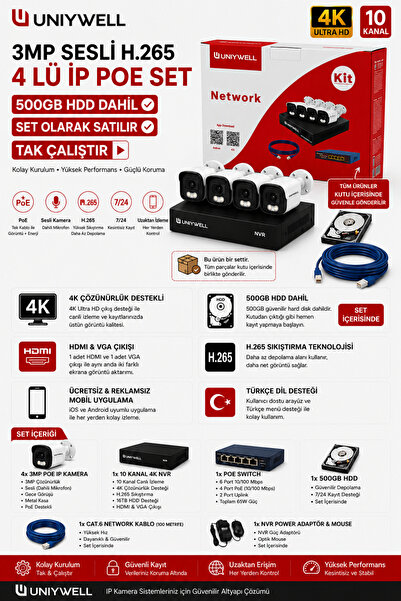 UNIYWELL 4 Kameralı İp Set H.265 Yapay zeka Destekli Sesli Ip Poe Kamera Sist...