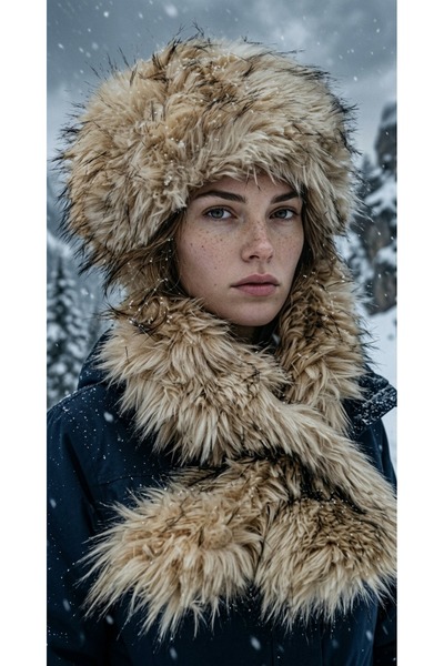 emybox Women's Luxury Long Fur Imported Hat and Scarf Set - Black Copper Grad...